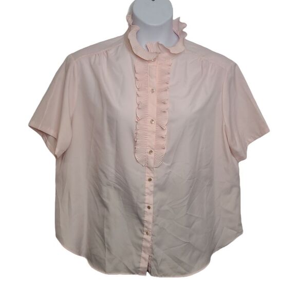 VINTAGE 80s pink frilly ruffle collar button up short sleeve kawaii‎ blouse XL - Picture 1 of 8